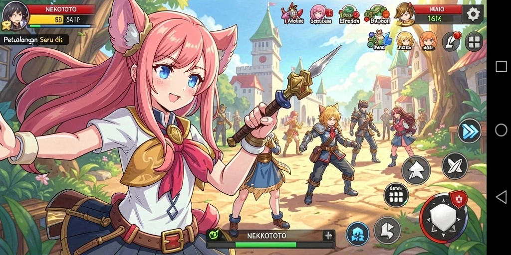 Tampilan gameplay NEKOTOTO yang penuh warna dan karakter yang menawan.