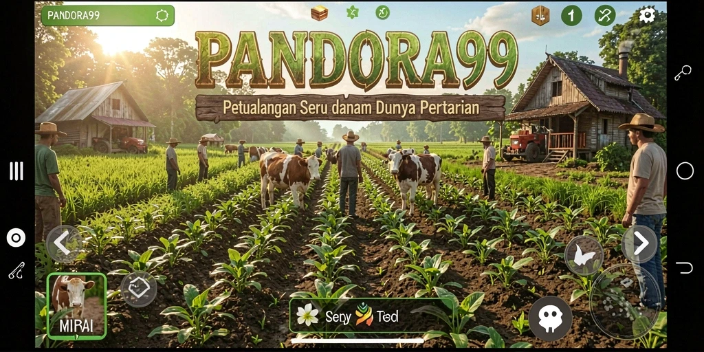 Screenshot gameplay PANDORA99 menunjukkan ladang yang subur dan karakter petani.