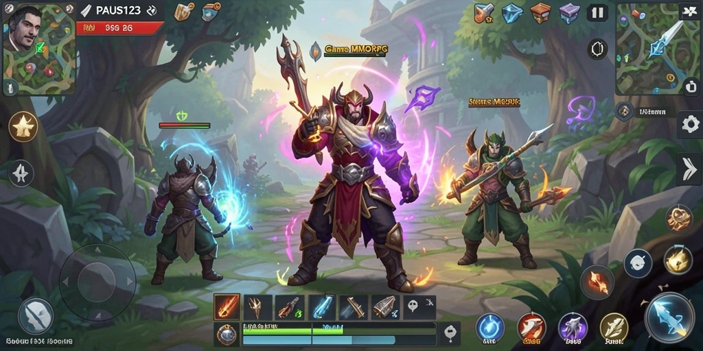 Screenshot utama PAUS123 menampilkan aksi pertempuran intens dalam gameplay MMORPG.