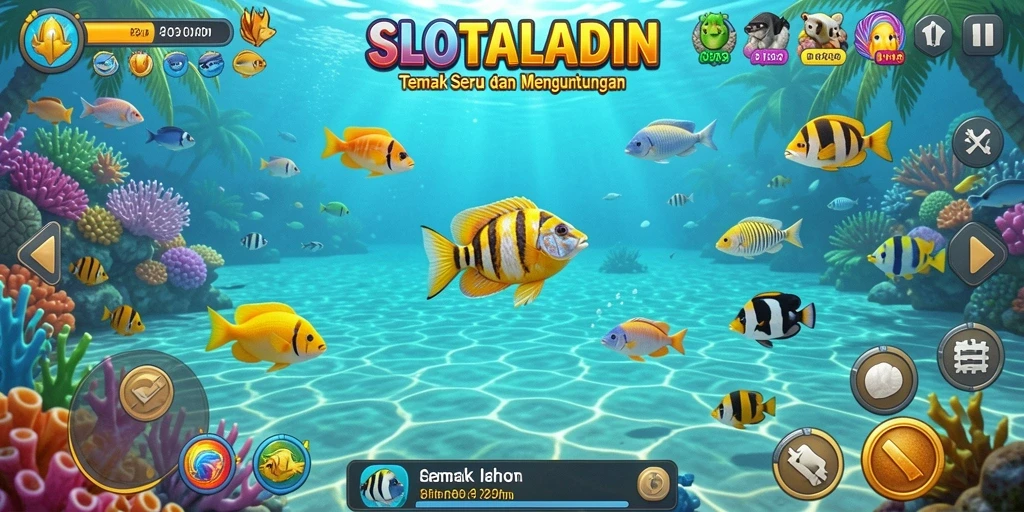 Screenshot dari gameplay SLOTALADIN menampilkan aksi menembak ikan yang seru.
