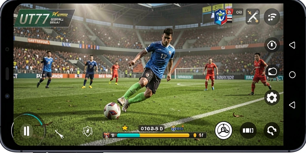 Tangkapan layar UT77 memperlihatkan gameplay yang mendebarkan dalam pertandingan sepak bola.