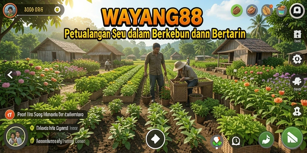 Tampilan gameplay WAYANG88 menunjukkan aktivitas berkebun yang seru dan interaktif.